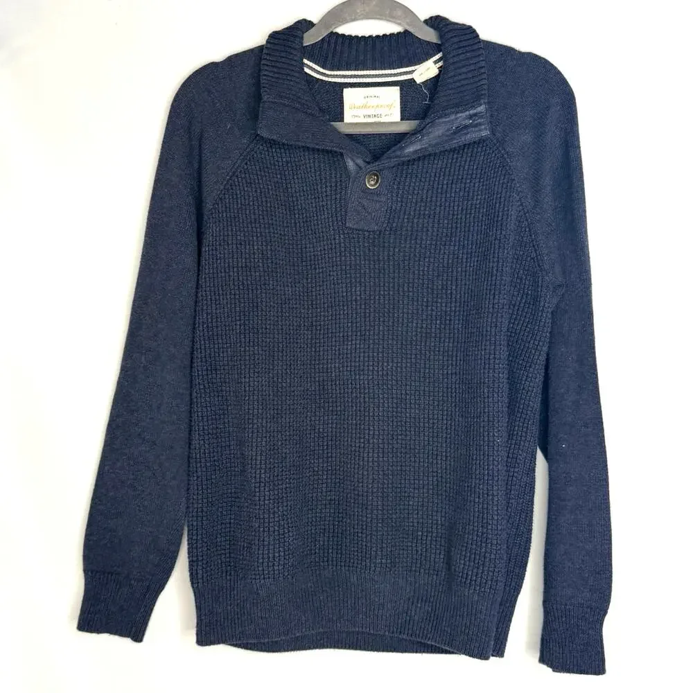 Weatherproof Vintage Men's Size M Navy Blue 100% Cotton Mock Neck Button Sweater